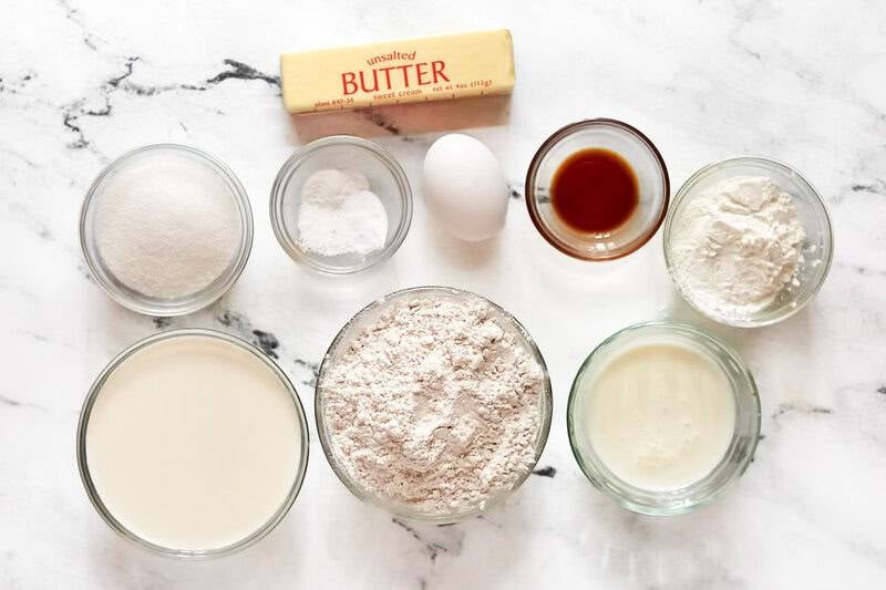 Flour, cornstarch, sugar, egg, buttermilk, cream, butter, vanilla, and baking powder, baking soda, and salt.