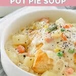 A creamy pot pie soup with chicken and puff pastry.