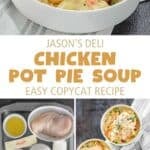 Bowls of chicken pot pie soup and the ingredients to make it.