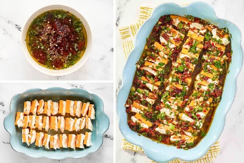 Sundried tomato garlic herb marinade, sliced cheese in a dish, and marinated cheese ready to serve.