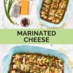 Ingredients to make marinated cheddar and cream cheese slices and the appetizer ready to serve.