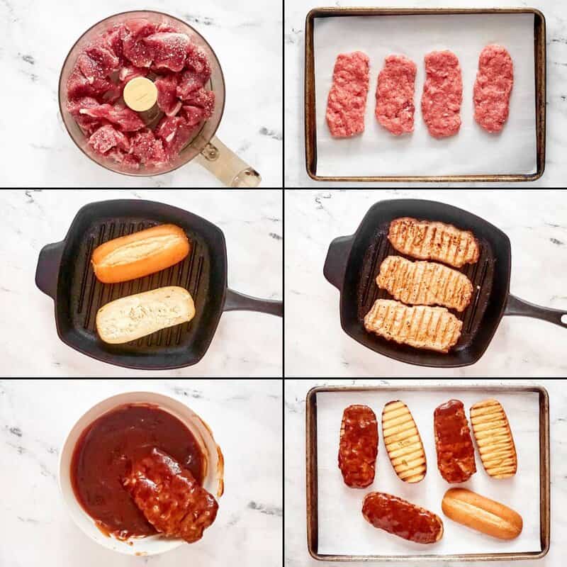 steps to process pork, shape ribs, grill patties, toast buns, and dip in BBQ sauce.