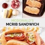 Copycat McDonald's McRib sandwich ingredients and sandwiches on a platter.