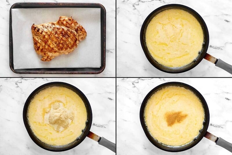 grilling seasoned chicken, melting butter for the sauce, adding garlic powder, and whisking the Alfredo.