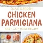 Chicken parmesan over pasta and on a baking sheet, and the ingredients to make it.