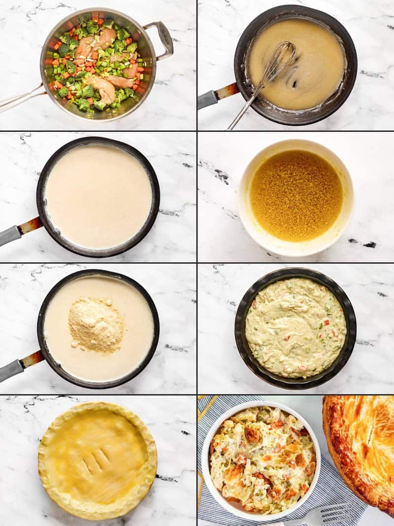 Cooking chicken and veggies, making cheese sauce, and baking a pot pie.