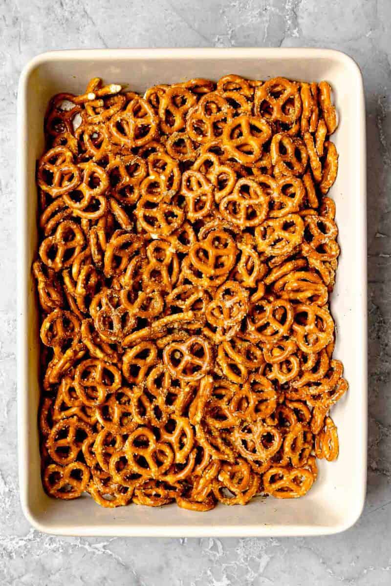 Homemade ranch pretzels in a baking dish.