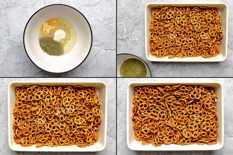 A 4-panel collage showing steps: mixing the oil and spice blend, pouring it over pretzels in a dish, and the final baked snack.