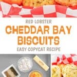 A basket of homemade cheddar biscuits, the ingredients to make them, and the biscuits before baking.