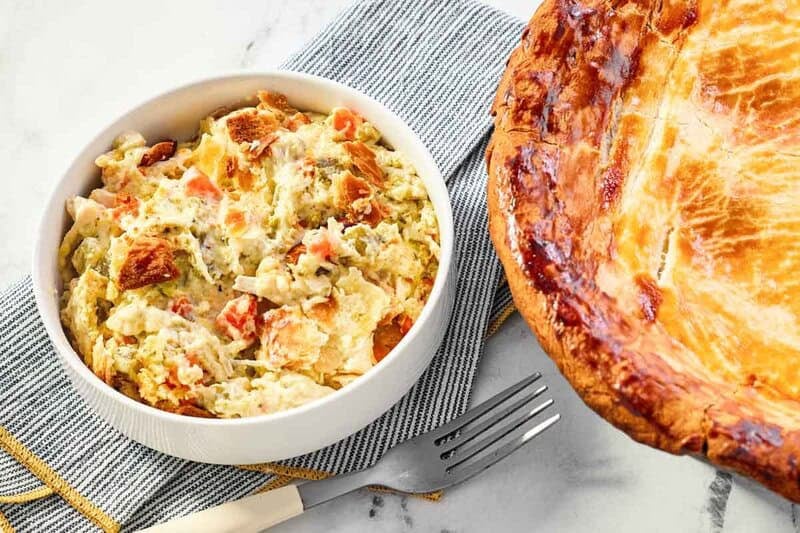 Baked chicken pot pie served in a bowl.