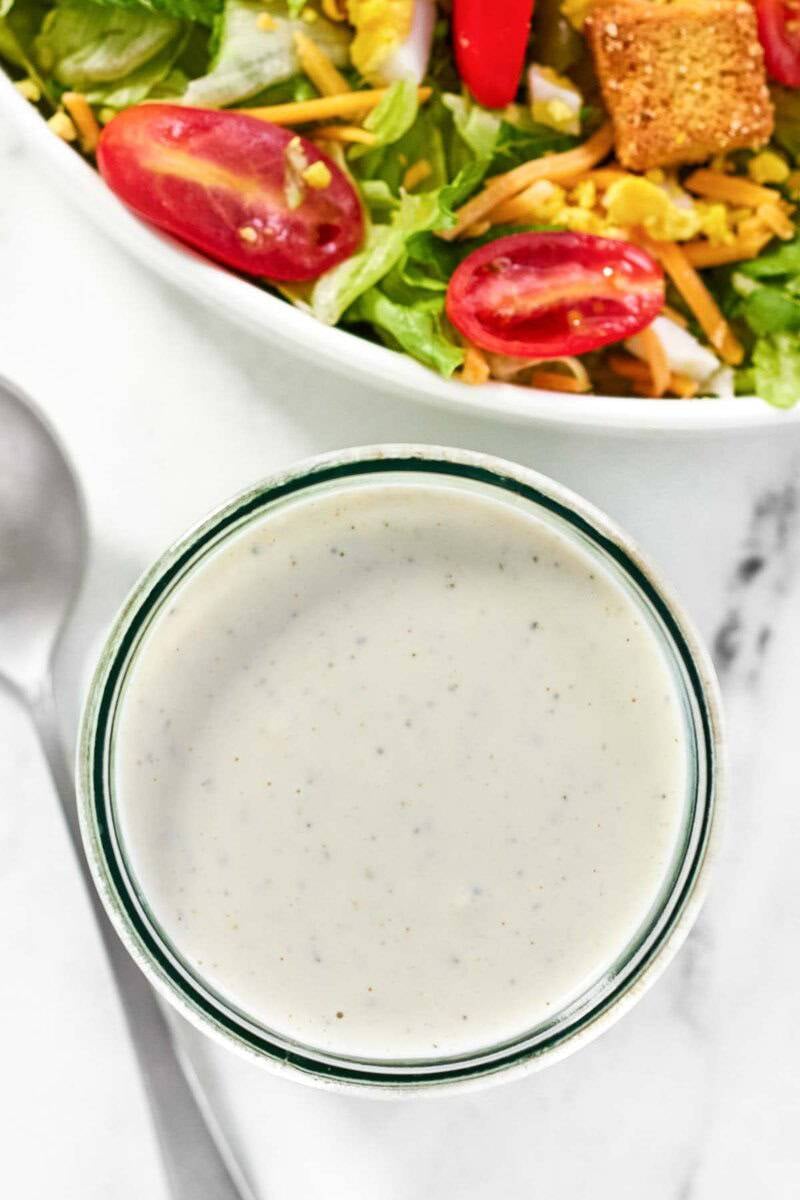 A simple green salad with croutons and homemade ranch dressing.