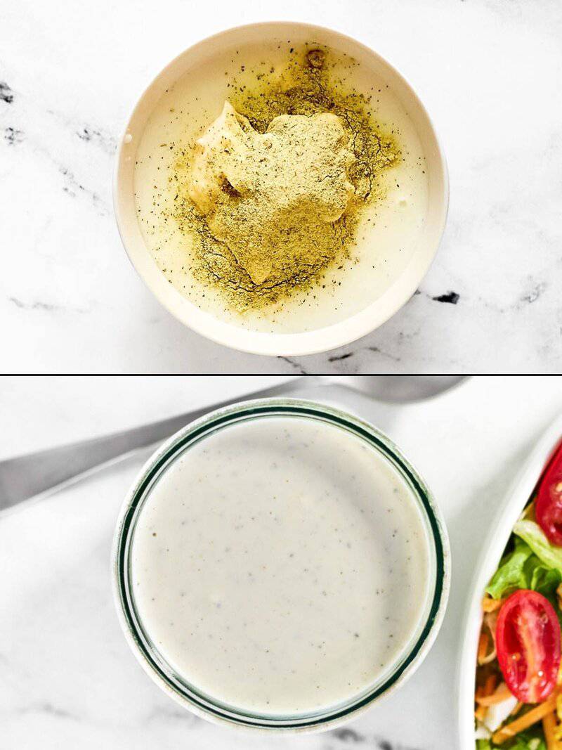 Ranch dressing ingredients in a bowl before being mixed and in a jar after mixing.