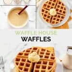 Ingredients to make waffles, the batter in a bowl, and the cooked waffles on a plate.