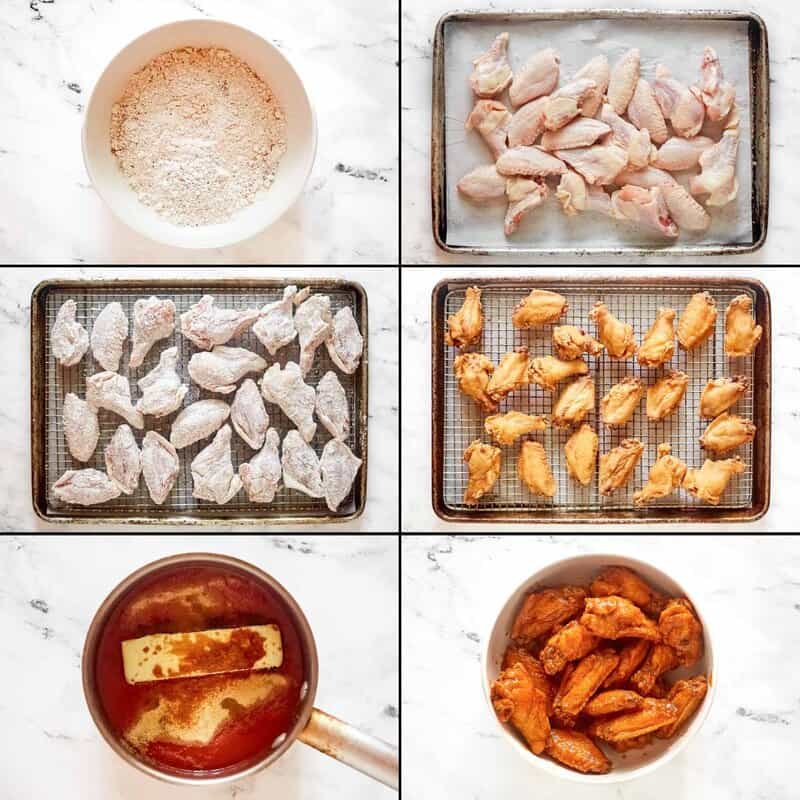 breading wings, frying them, baking on a rack, making the buttery sauce, and tossing the wings.