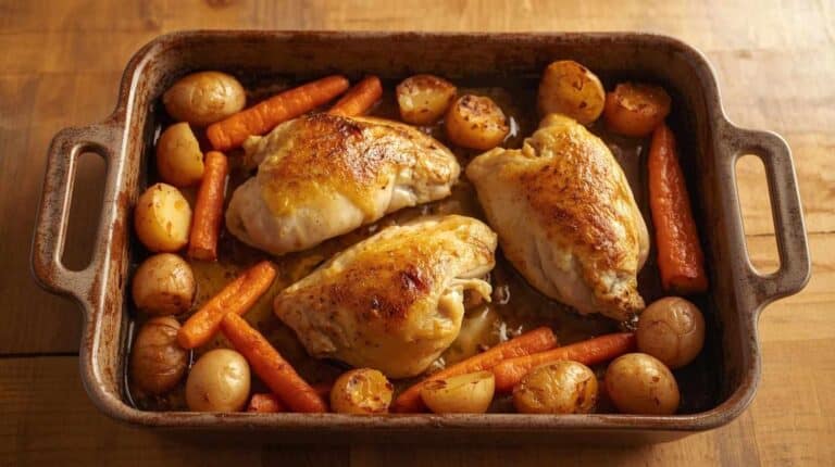 Baked chicken breasts, potatoes, and carrots in a rustic roasting pan.