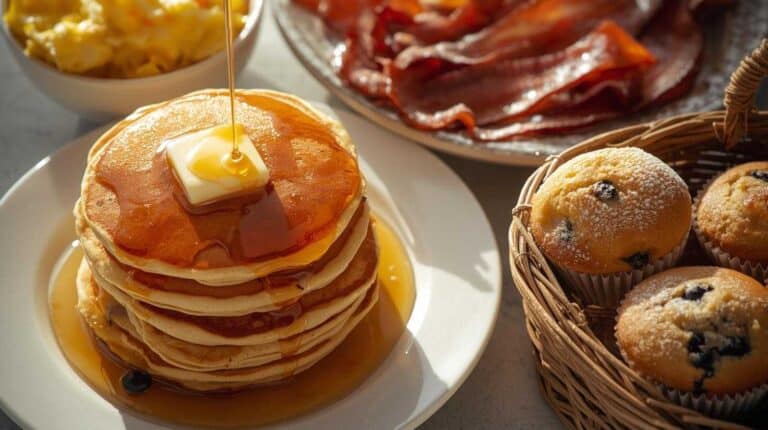 A stack of pancakes with butter and syrup, crispy bacon slices, blueberry muffins, and scrambled eggs.