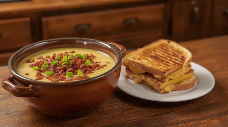 A bowl of potato soup topped with bacon and green onions, and a grilled cheese sandwich.