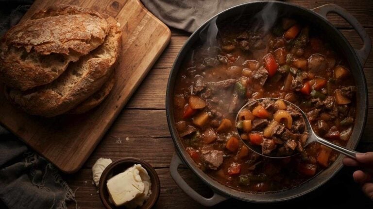 Beef stew in a Dutch oven, crusty bread on a cutting board, and butter nearby.