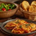 Chicken parmesan, simple green salad, and garlic bread slices.