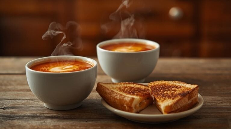 Two bowls of tomato soup and a grilled cheese sandwich on a kitchen table.