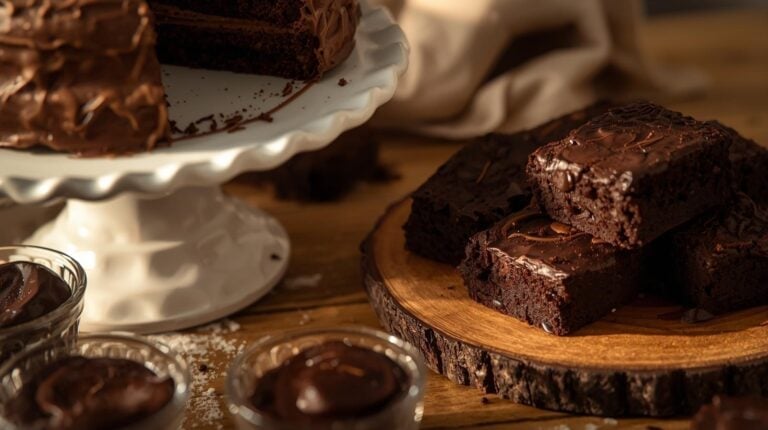 Chocolate layer cake, frosted chocolate brownies, and chocolate pudding.