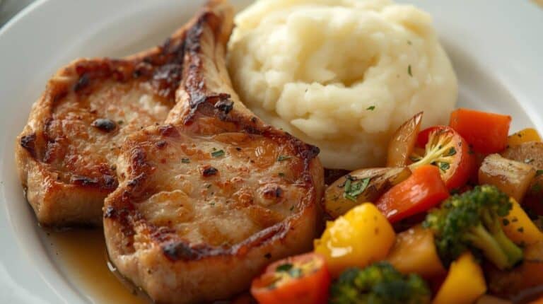 Pan-seared pork chops, mashed potatoes, and roasted vegetables on a plate.