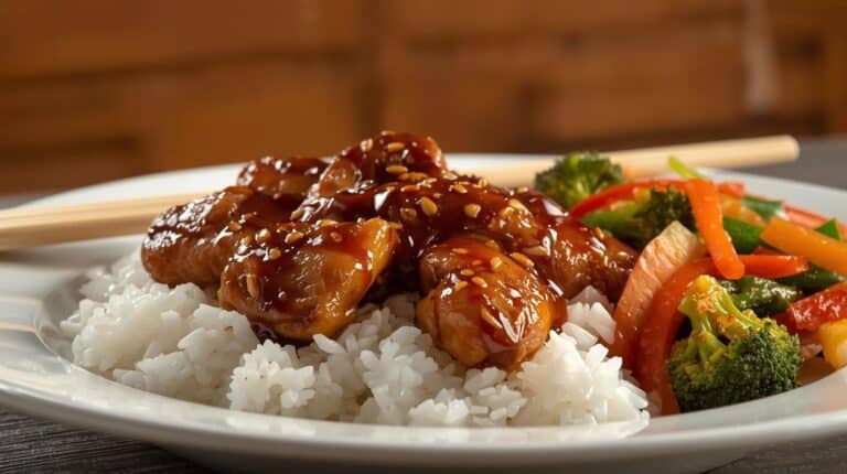 Chicken teriyaki served over rice and stir-fried vegetables on the side.