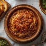 Spaghetti with meat sauce, simple green salad, and garlic bread slices on a table.