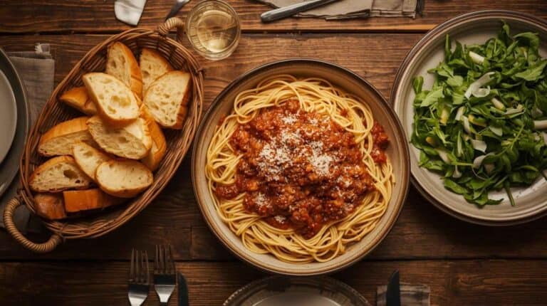 Spaghetti with meat sauce, simple green salad, and garlic bread slices.