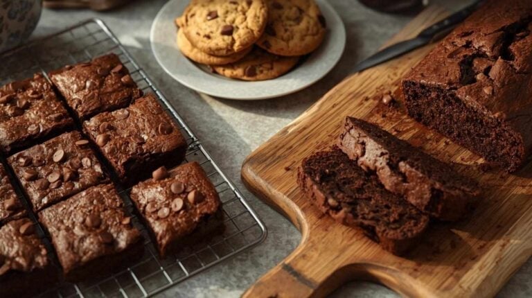 Brownies, chocolate chip cookies, and chocolate loaf cake.