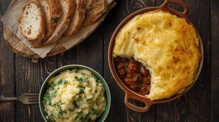 Shepherd's pie, colcannon, and homemade bread on a table.