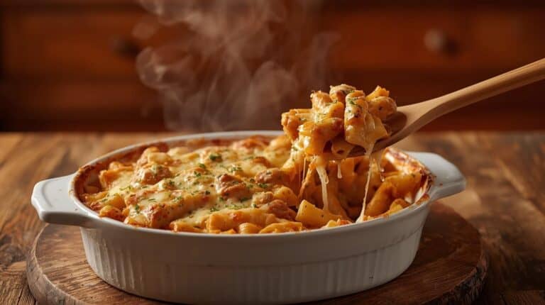 Baked chicken and pasta with marinara sauce and melted mozzarella on top.