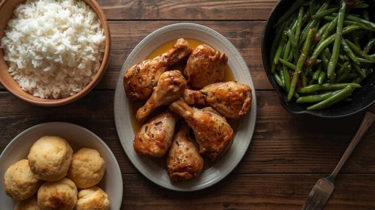 Baked chicken drumsticks, rice, green beans, and biscuits.