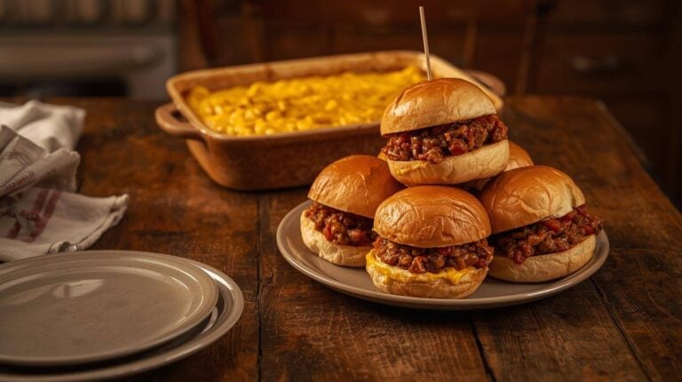 Sloppy Joes and baked mac and cheese on a kitchen table.