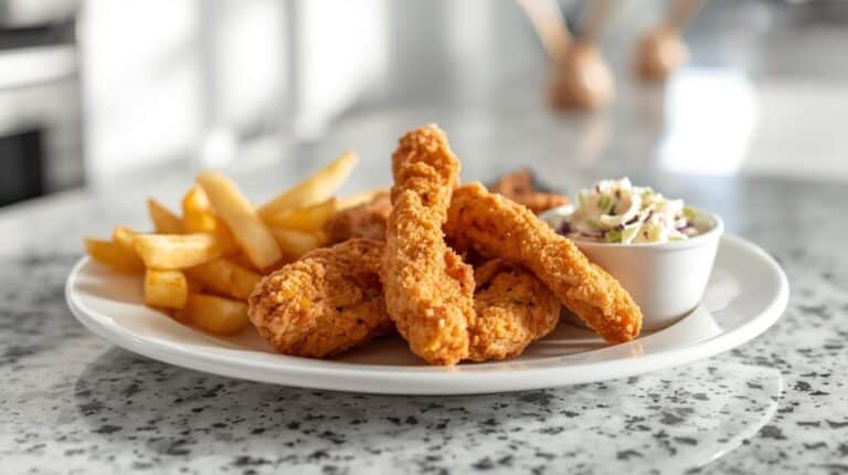 Fried chicken tenders, seasoned fries, and coleslaw on a plate.