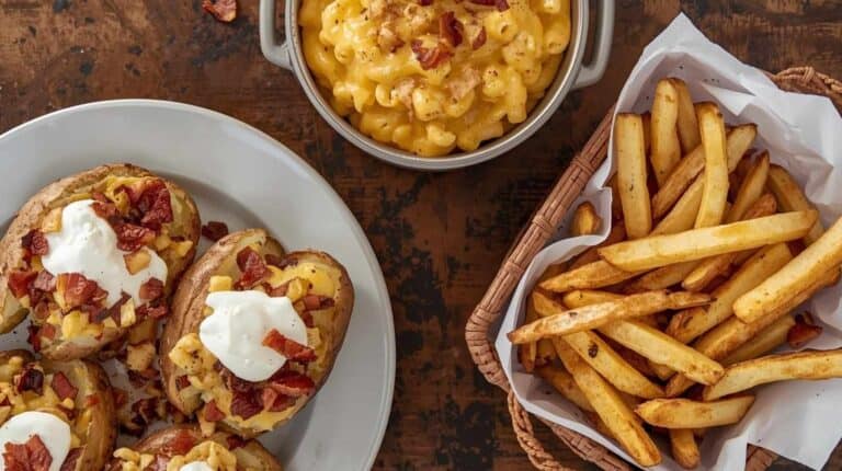 Loaded baked potatoes, mac and cheese, and seasoned fries.
