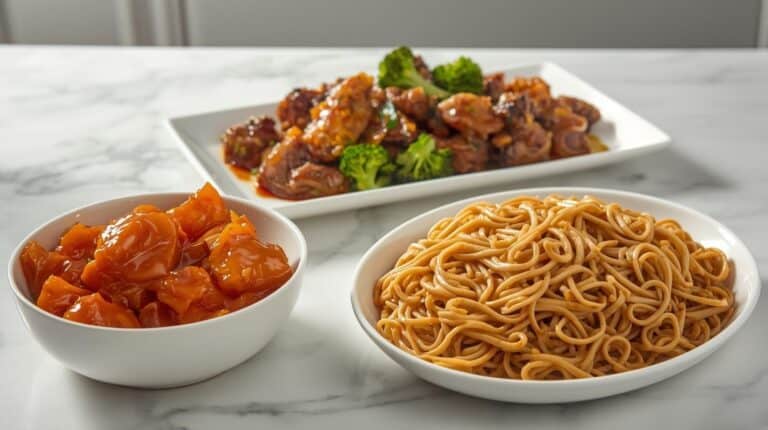 Orange chicken, beef and broccoli, and lo mein noodles on a kitchen counter.
