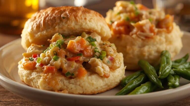 Chicken pot pie filling served over biscuits, green beans on the side