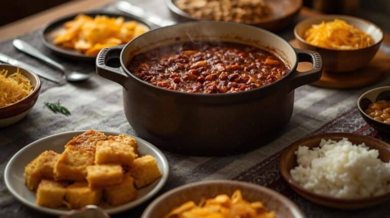 Chili with beans in a large pot, cornbread squares on a plate, rice in a bowl, and shredded cheese nearby.