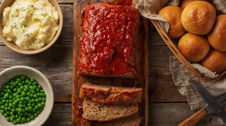 Meatloaf with ketchup glaze, mashed potatoes, green peas, and dinner rolls.