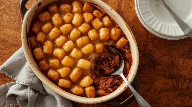 Ground beef tater tot casserole in a ceramic baking dish. Plates nearby.