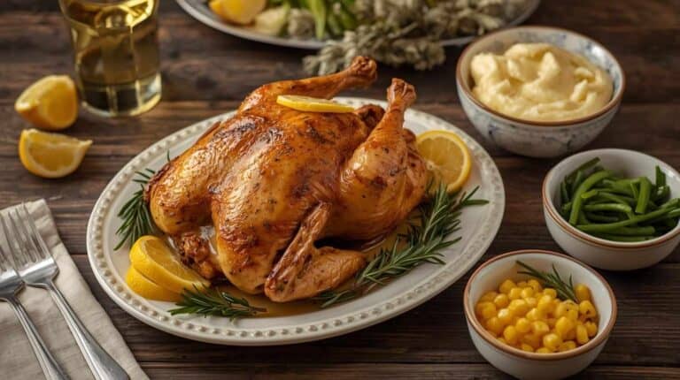 Roast chicken, buttered corn, green beans, and mashed potatoes on a table.