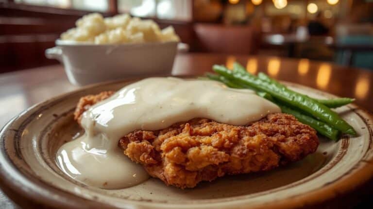 Chicken fried steak with white gravy on a plate, mashed potatoes in a serving bowl, and green beans on the side.