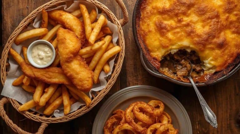 Fish and chips with tartar sauce, shepherd's pie, and onion rings.