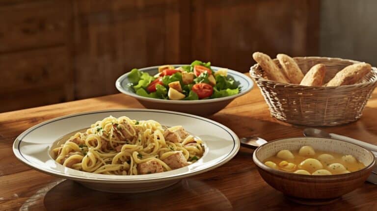 Creamy chicken alfredo, gnocchi soup, simple green salad, and breadsticks.