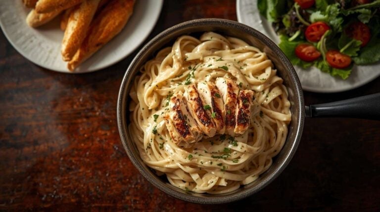 Fettuccine alfredo with grilled chicken, breadsticks, and salad.
