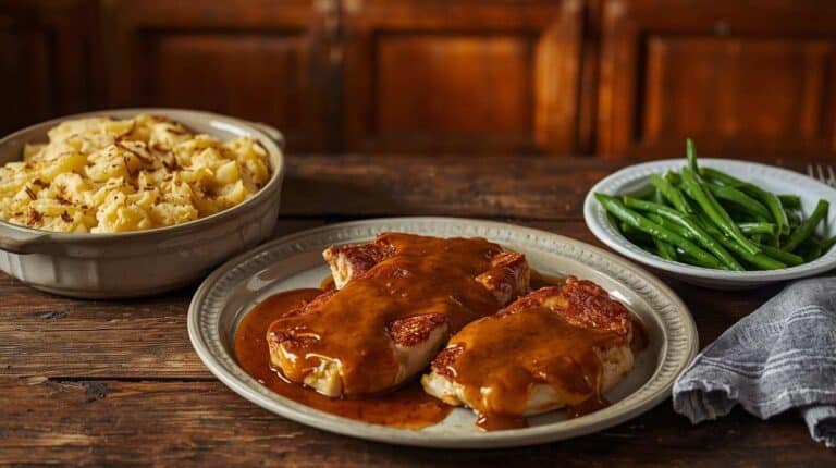 Baked pork chops with gravy, baked scalloped potatoes, and green beans on a kitchen counter.