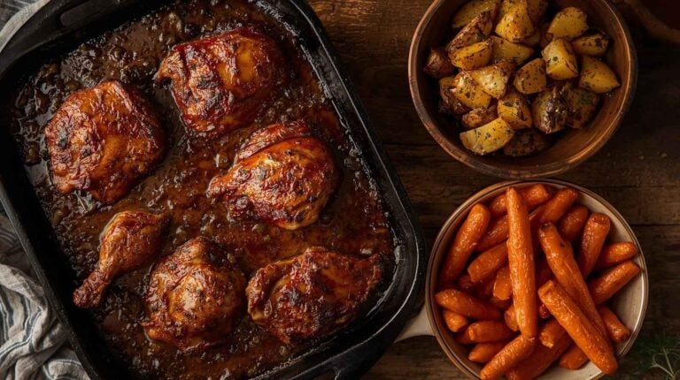Baked BBQ chicken, roasted potatoes, and glazed carrots.