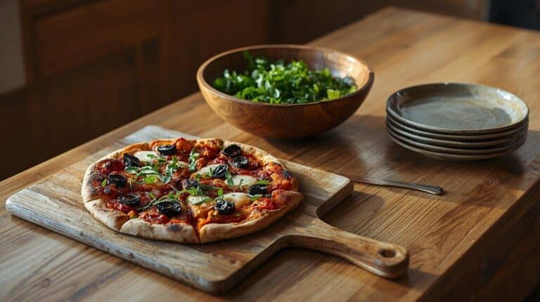 Sliced homemade pizza on a wood board, green salad in a large wood bowl, and a stack of plates.
