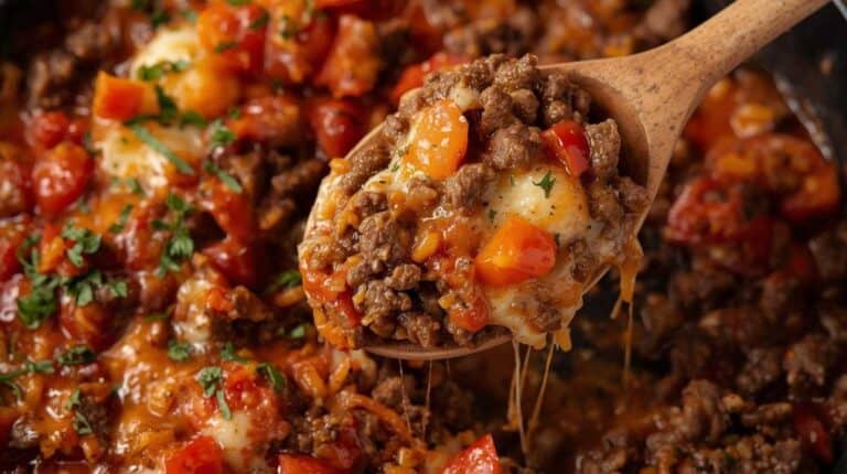 Ground beef and rice skillet meal with chopped tomatoes and melted mozzarella.